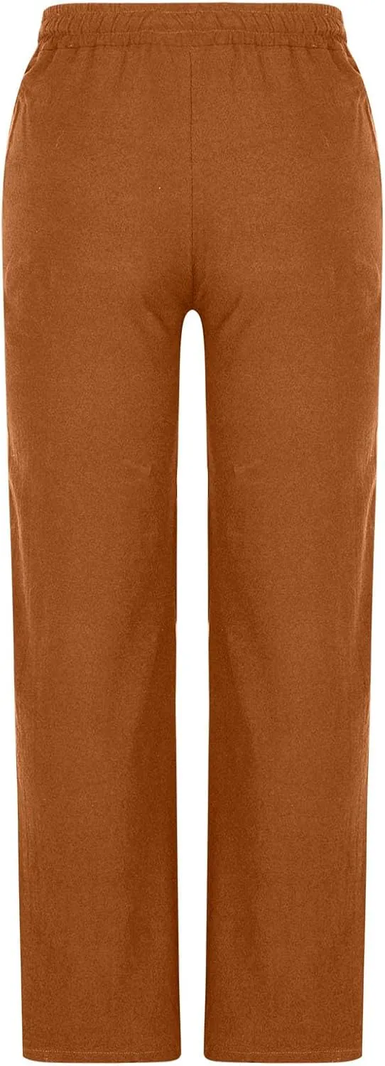 Cambkatl Men's Cotton Linen Travel Pants Lightweight Casual Summer Drawstring Elastic Waist Loose Lounge Pants with Pockets
