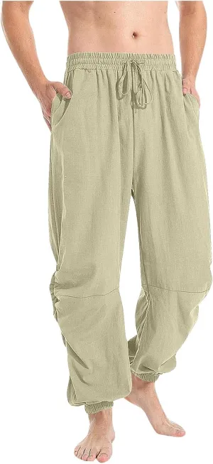 Cambkatl Men's Loose Summer Linen Harem Pants Lightweight Drawstring Casual Elastic Waist Beach Yoga Trousers with Pockets