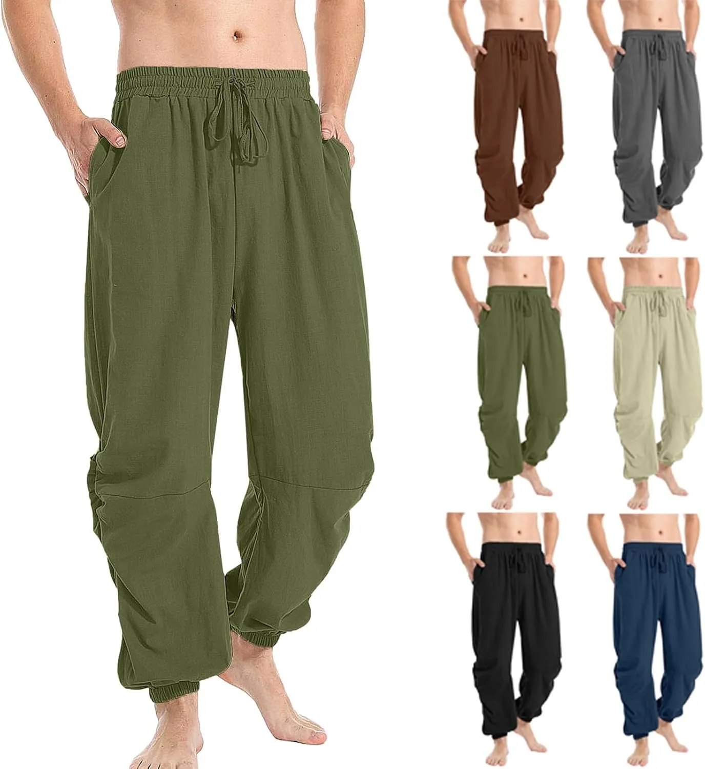 Cambkatl Men's Loose Summer Linen Harem Pants Lightweight Drawstring Casual Elastic Waist Beach Yoga Trousers with Pockets