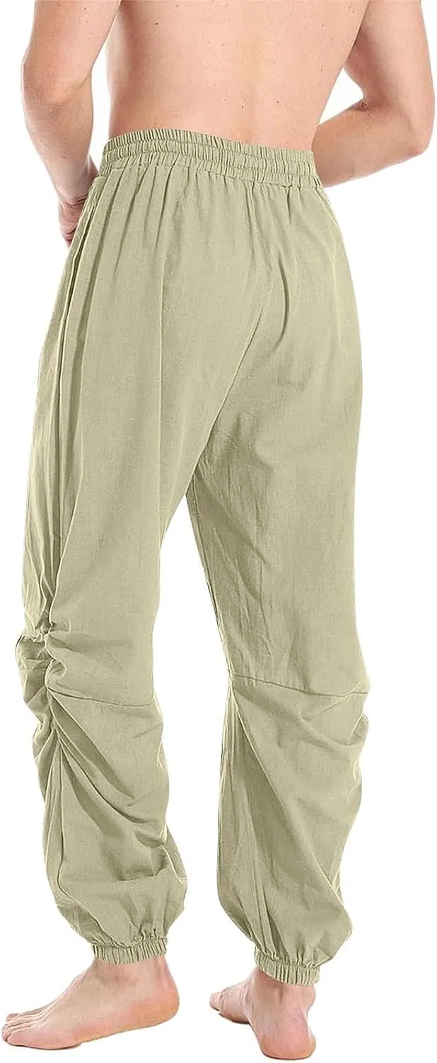 Cambkatl Men's Loose Summer Linen Harem Pants Lightweight Drawstring Casual Elastic Waist Beach Yoga Trousers with Pockets