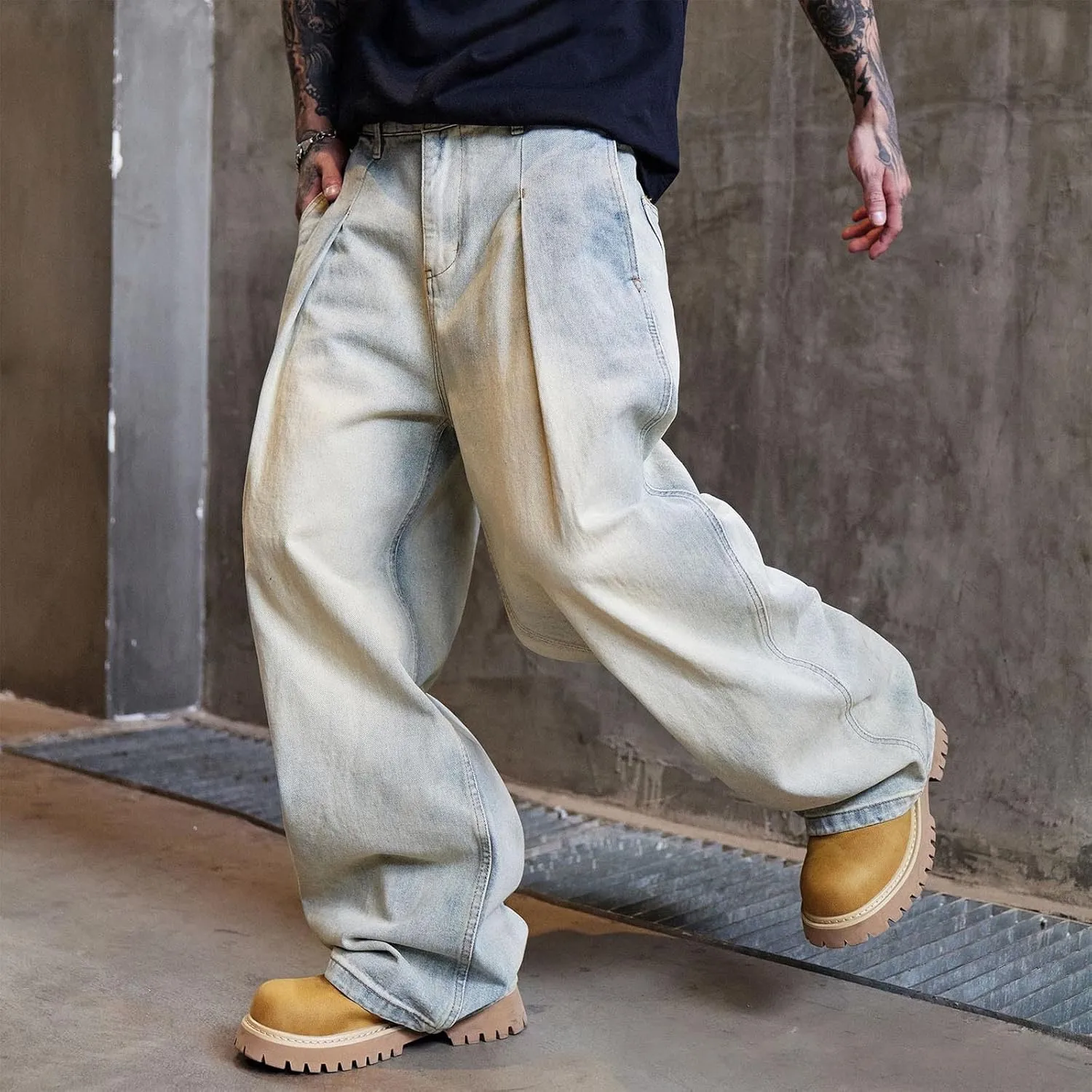 Cambkatl Men's Vintage Baggy Cargo Pants Loose Casual Joggers Hiking Parachute Pants Work Trousers with Pockets