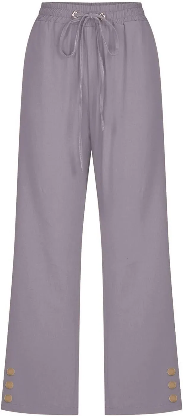 Capri Linen Pants for Women Summer Casual Capris Flowy Straight Leg Beach Trousers with Pockets Women's Linen Capri