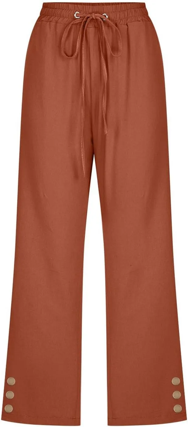 Capri Linen Pants for Women Summer Casual Capris Flowy Straight Leg Beach Trousers with Pockets Women's Linen Capri