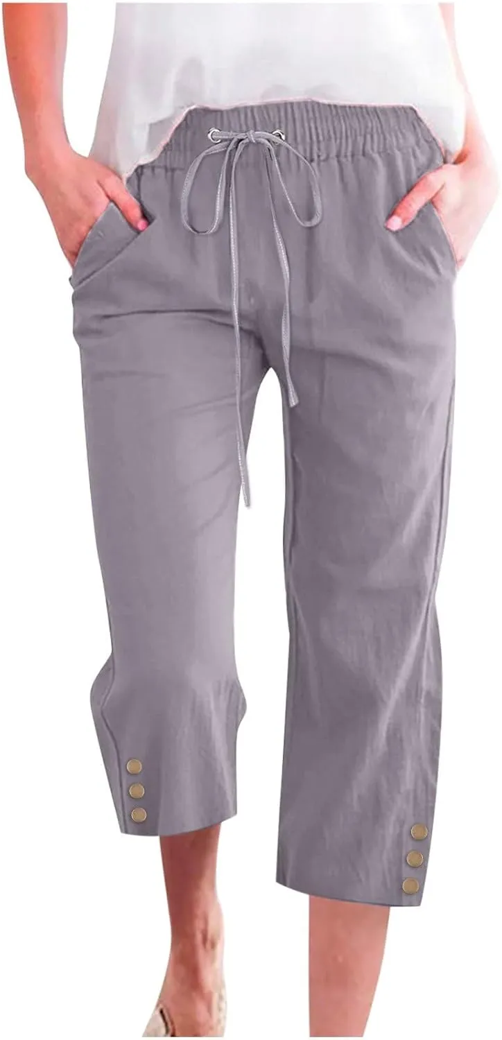 Capri Linen Pants for Women Summer Casual Capris Flowy Straight Leg Beach Trousers with Pockets Women's Linen Capri
