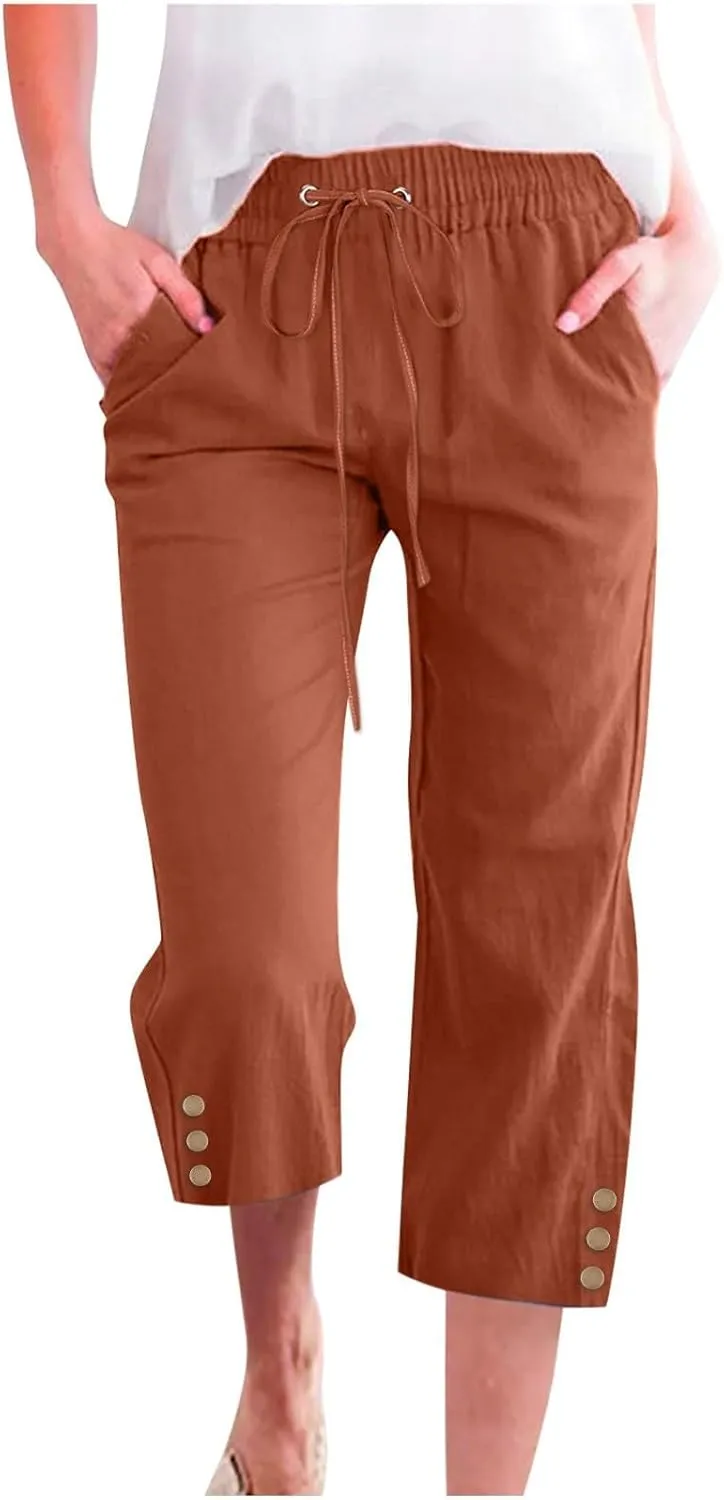 Capri Linen Pants for Women Summer Casual Capris Flowy Straight Leg Beach Trousers with Pockets Women's Linen Capri