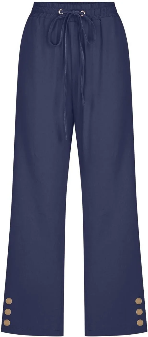 Capri Linen Pants for Women Summer Casual Capris Flowy Straight Leg Beach Trousers with Pockets Women's Linen Capri