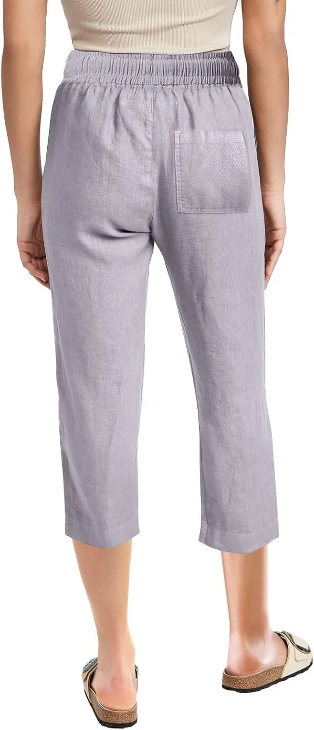 Capri Linen Pants for Women Summer Casual Capris Flowy Straight Leg Beach Trousers with Pockets Women's Linen Capri