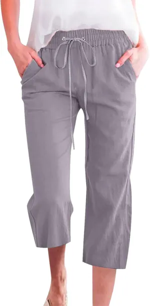 Capri Linen Pants for Women Summer Casual Capris Flowy Straight Leg Beach Trousers with Pockets Women's Linen Capri