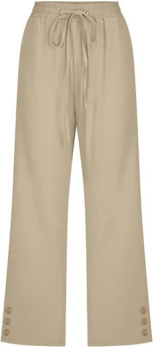 Capri Linen Pants for Women Summer Casual Capris Flowy Straight Leg Beach Trousers with Pockets Women's Linen Capri