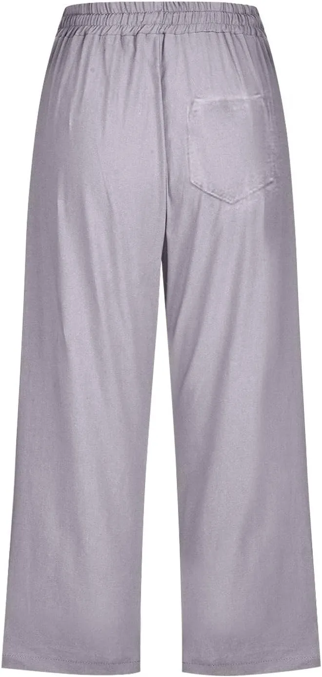 Capri Linen Pants for Women Summer Casual Capris Flowy Straight Leg Beach Trousers with Pockets Women's Linen Capri