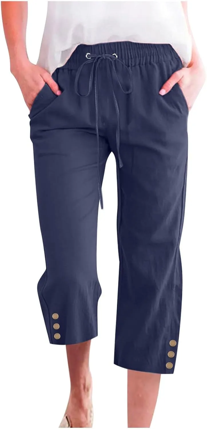 Capri Linen Pants for Women Summer Casual Capris Flowy Straight Leg Beach Trousers with Pockets Women's Linen Capri