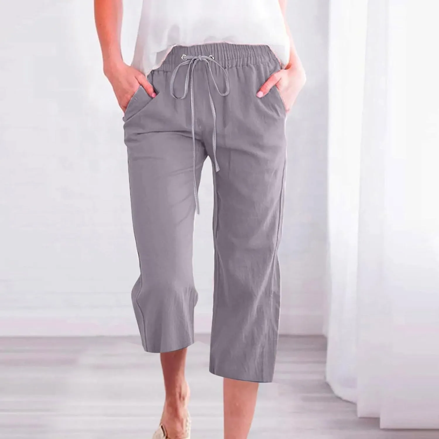 Capri Linen Pants for Women Summer Casual Capris Flowy Straight Leg Beach Trousers with Pockets Women's Linen Capri