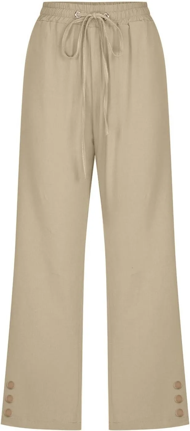 Capri Linen Pants for Women Summer Casual Capris Flowy Straight Leg Beach Trousers with Pockets Women's Linen Capri