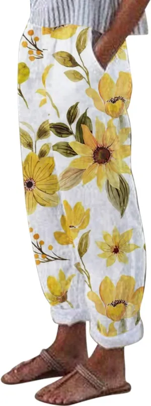Capris Cotton Linen for Women Pant Summer Beach Pant Casual Loose Outdoor Lightweight Trousers Graphic Print Pant