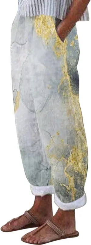Capris Cotton Linen for Women Pant Summer Beach Pant Casual Loose Outdoor Lightweight Trousers Graphic Print Pant
