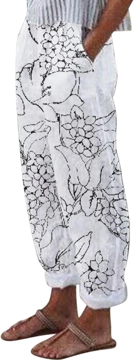 Capris Cotton Linen for Women Pant Summer Beach Pant Casual Loose Outdoor Lightweight Trousers Graphic Print Pant