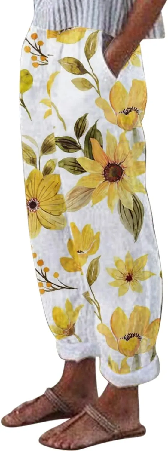 Capris Cotton Linen for Women Pant Summer Beach Pant Casual Loose Outdoor Lightweight Trousers Graphic Print Pant