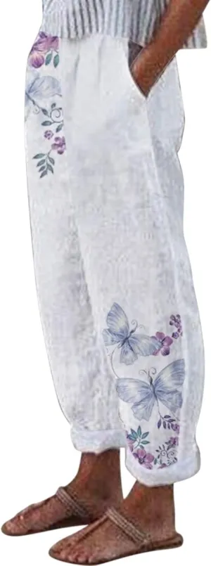 Capris Cotton Linen for Women Pant Summer Beach Pant Casual Loose Outdoor Lightweight Trousers Graphic Print Pant