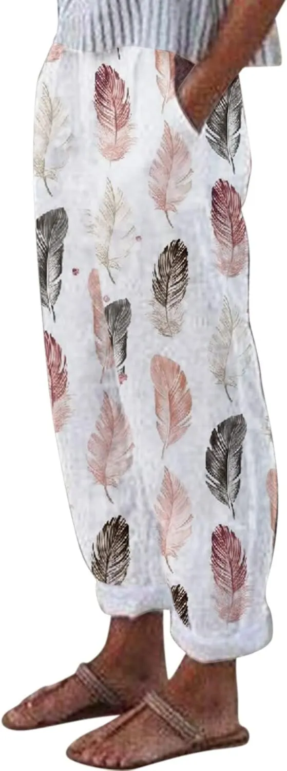 Capris Cotton Linen for Women Pant Summer Beach Pant Casual Loose Outdoor Lightweight Trousers Graphic Print Pant