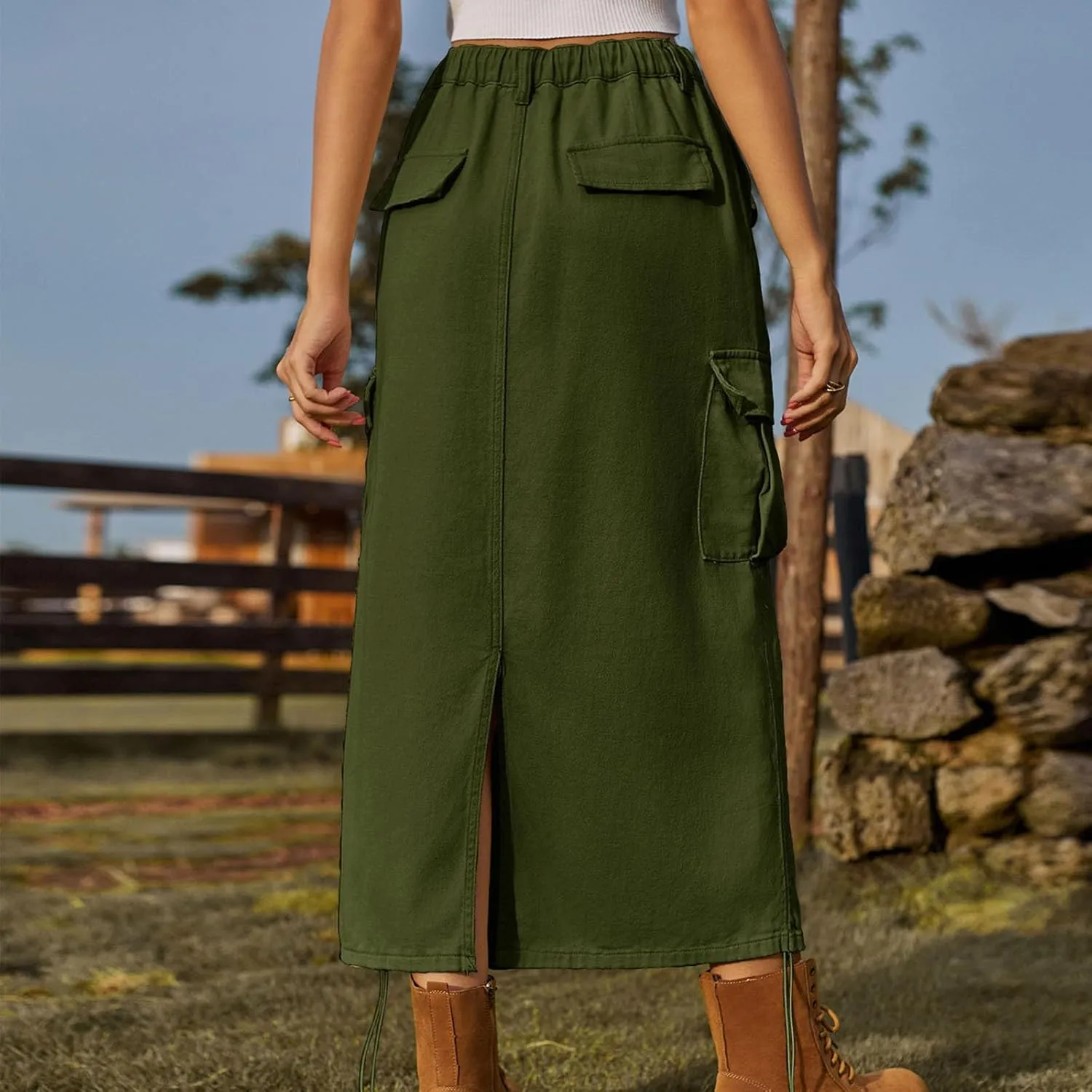 Cargo Skirts for Women Casual Solid Denim Long Skirts Fashion Drawstring Stretch Waist Jean Maxi Skirt with Pockets
