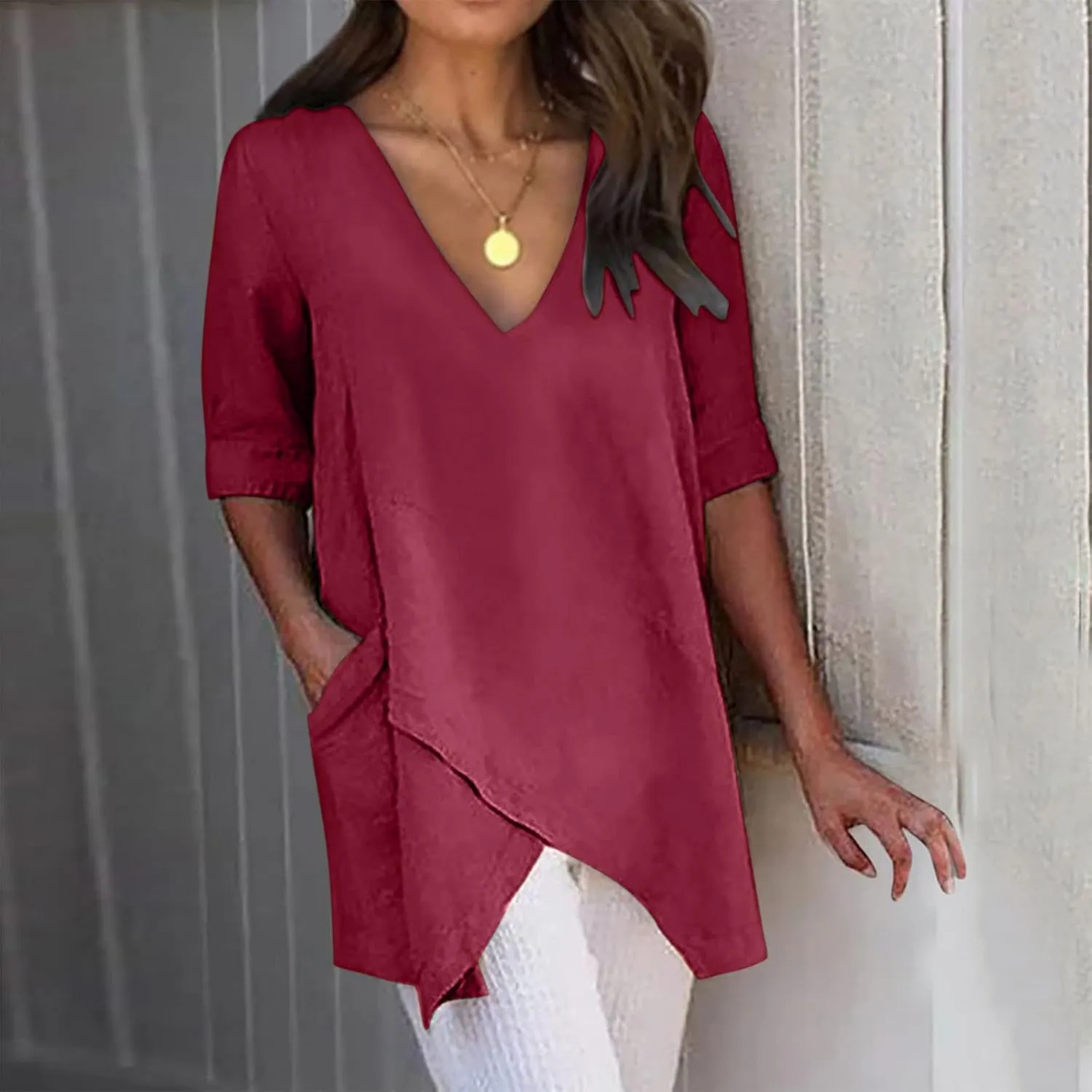 Casual Cotton and Linen 3/4 Sleeve Summer Tops for Women Loose Irregular Hem Tunic T Shirt Solid Plain Plus Size Blouse
