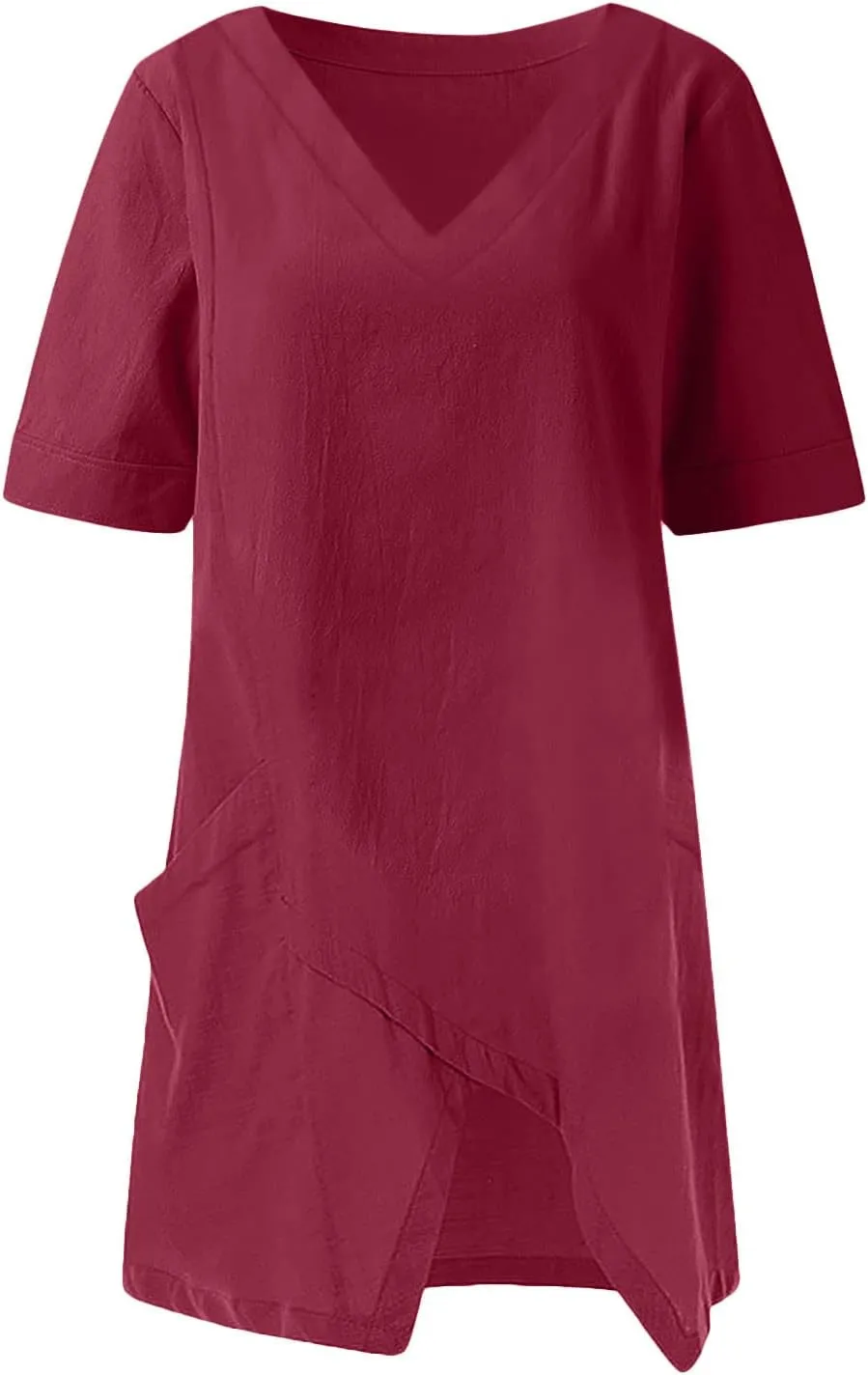 Casual Cotton and Linen 3/4 Sleeve Summer Tops for Women Loose Irregular Hem Tunic T Shirt Solid Plain Plus Size Blouse