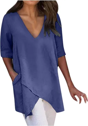 Casual Cotton and Linen 3/4 Sleeve Summer Tops for Women Loose Irregular Hem Tunic T Shirt Solid Plain Plus Size Blouse