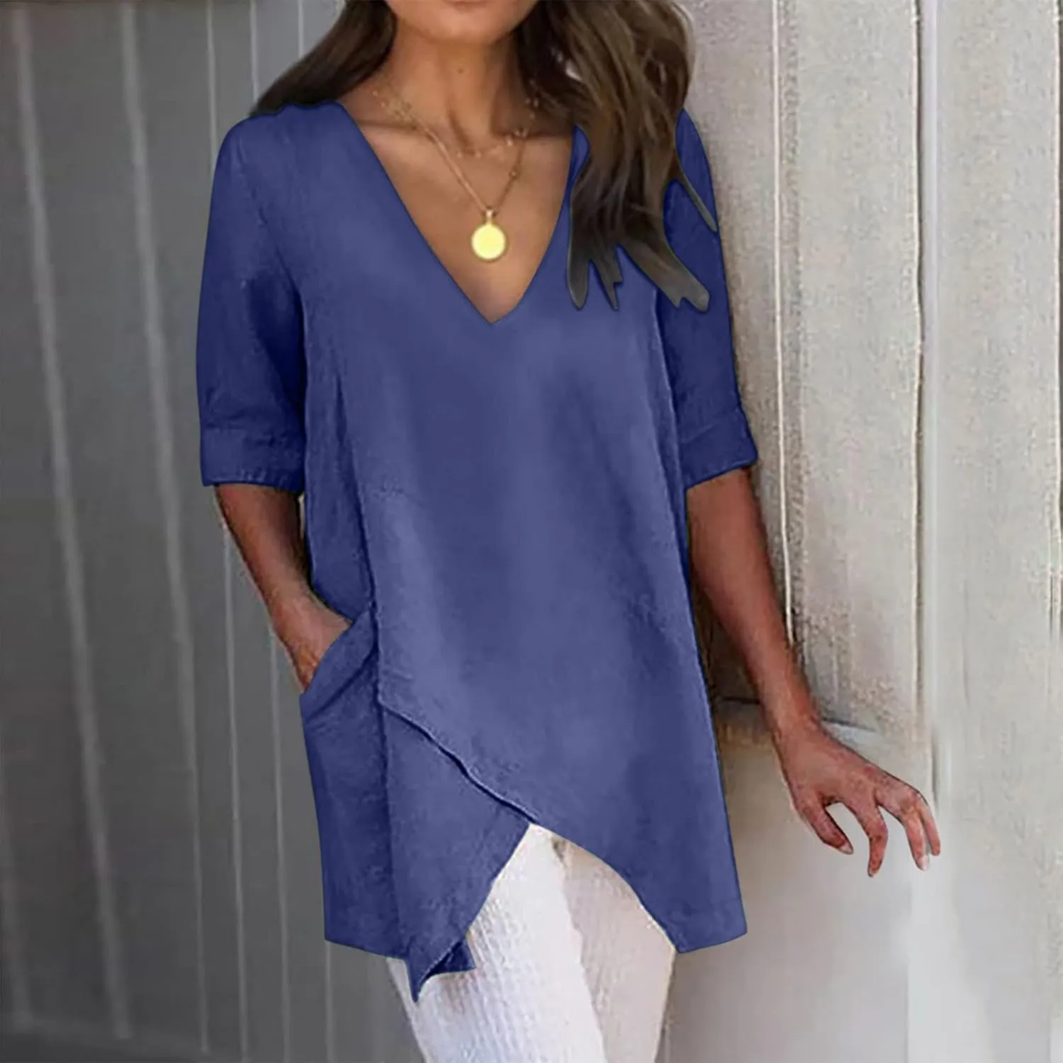 Casual Cotton and Linen 3/4 Sleeve Summer Tops for Women Loose Irregular Hem Tunic T Shirt Solid Plain Plus Size Blouse