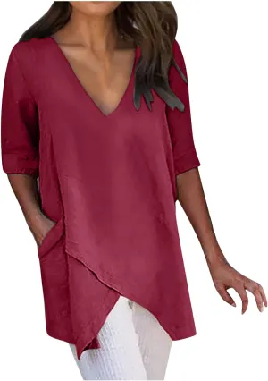 Casual Cotton and Linen 3/4 Sleeve Summer Tops for Women Loose Irregular Hem Tunic T Shirt Solid Plain Plus Size Blouse