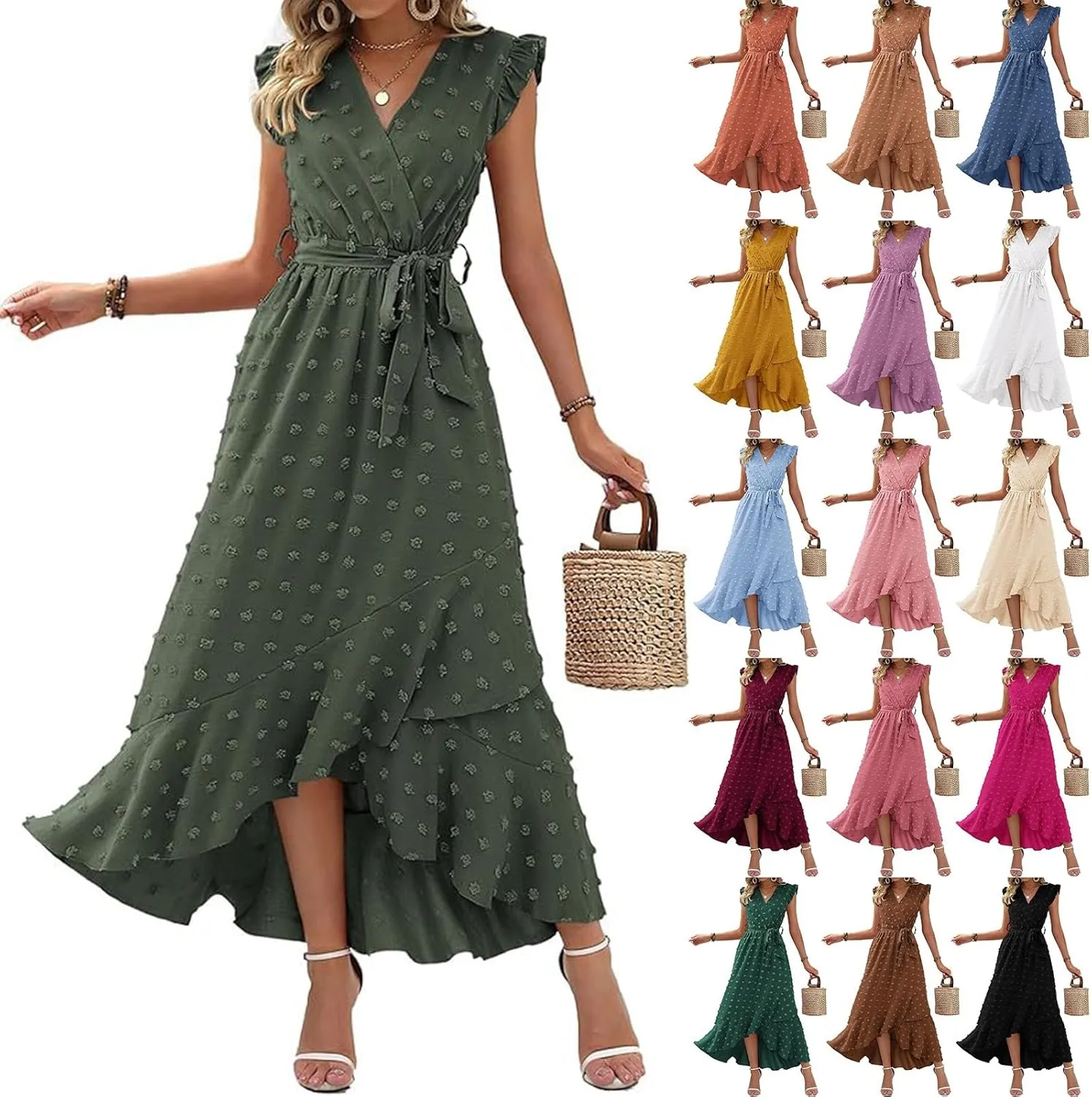 Casual Dresses for Women 2025 Ruffle Sleeveless Solid Color Polka Dot Boho Waist Dresses Fashion Summer Dress