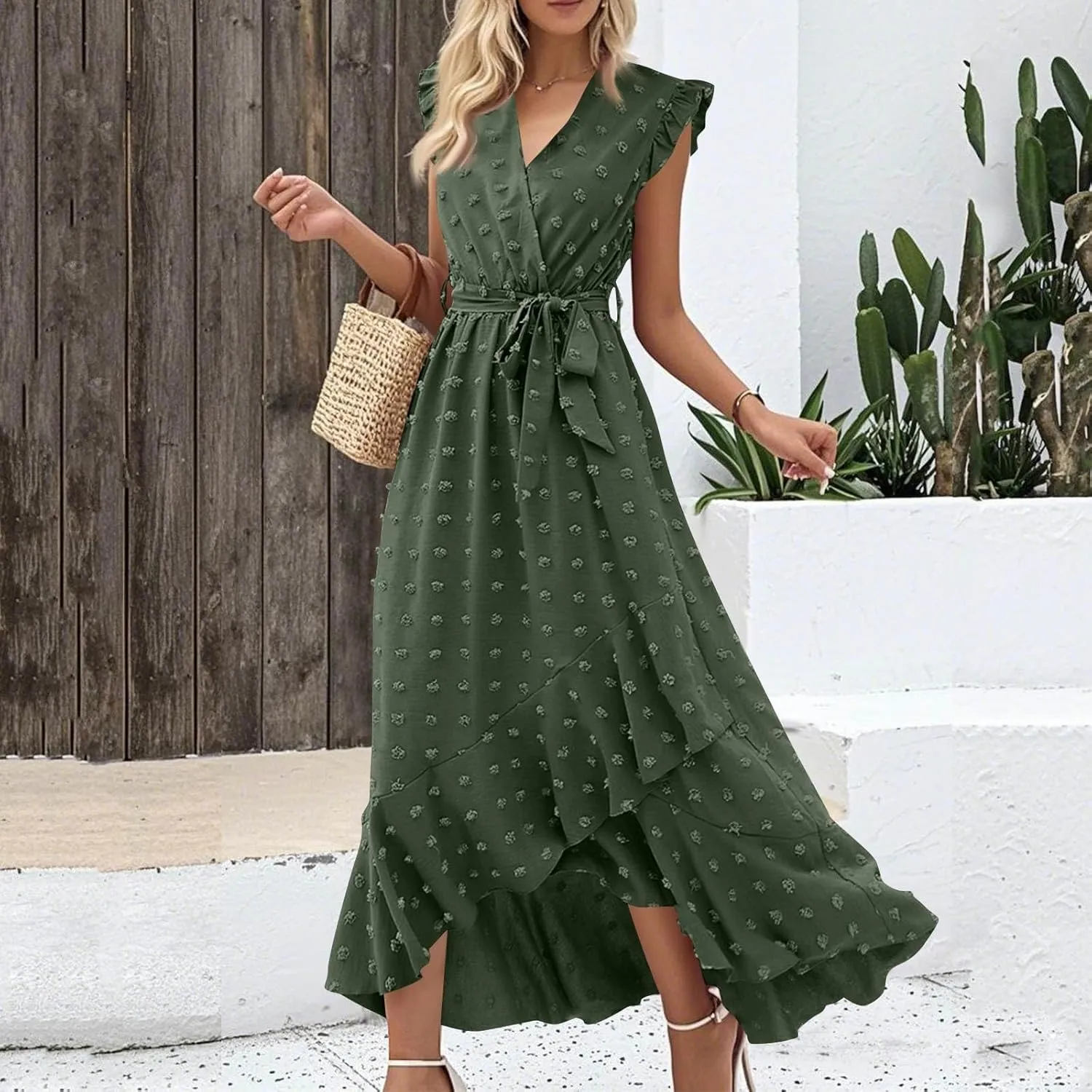 Casual Dresses for Women 2025 Ruffle Sleeveless Solid Color Polka Dot Boho Waist Dresses Fashion Summer Dress