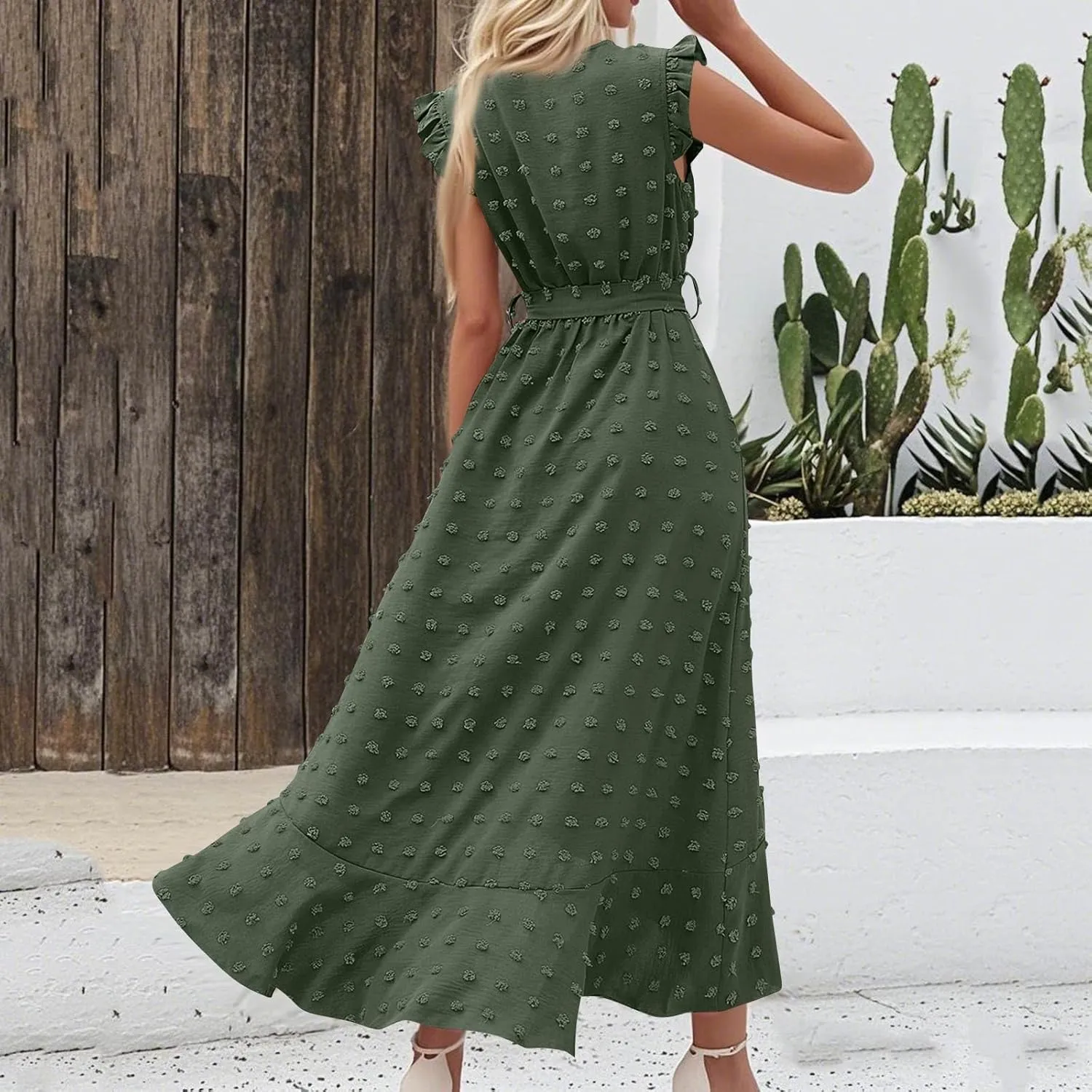 Casual Dresses for Women 2025 Ruffle Sleeveless Solid Color Polka Dot Boho Waist Dresses Fashion Summer Dress