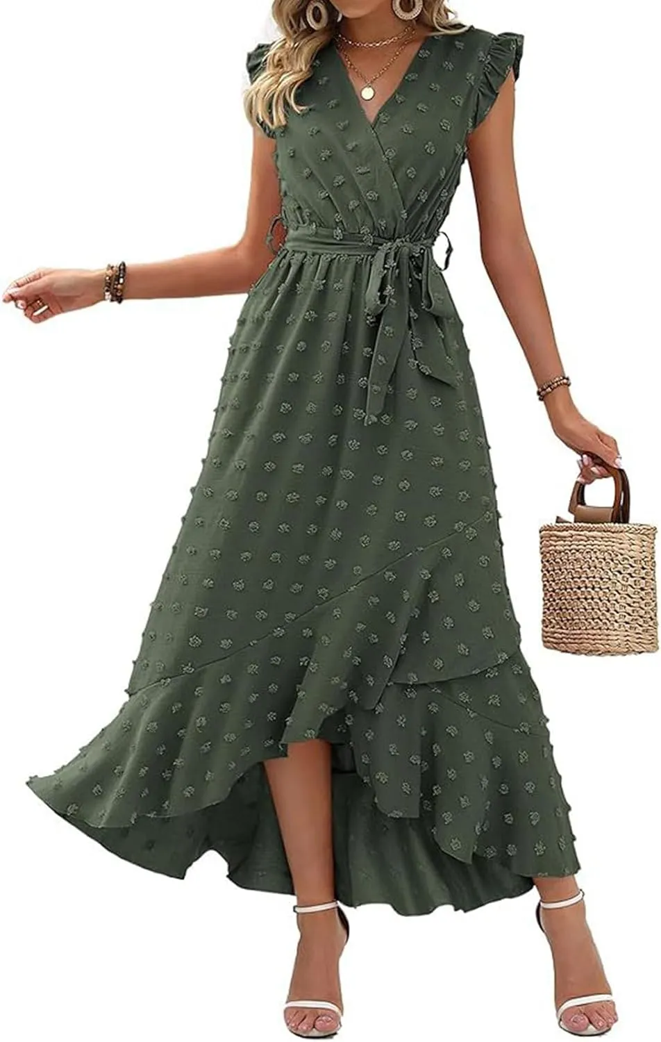 Casual Dresses for Women 2025 Ruffle Sleeveless Solid Color Polka Dot Boho Waist Dresses Fashion Summer Dress