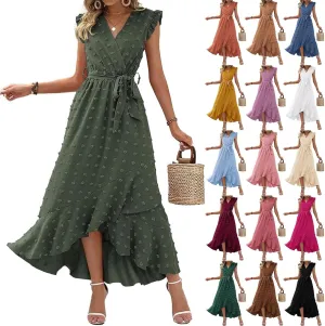 Casual Dresses for Women 2025 Ruffle Sleeveless Solid Color Polka Dot Boho Waist Dresses Fashion Summer Dress