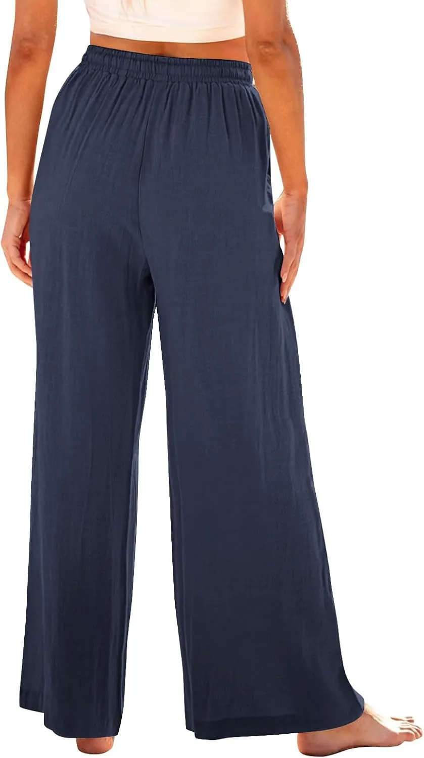 Casual Loose Fit Cotton Linen Pants for Women Wide Leg Lounge Trousers with Pockets Baggy Boho Palazzo Pant