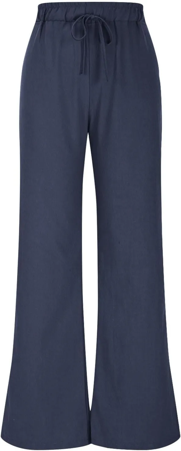 Casual Loose Fit Cotton Linen Pants for Women Wide Leg Lounge Trousers with Pockets Baggy Boho Palazzo Pant