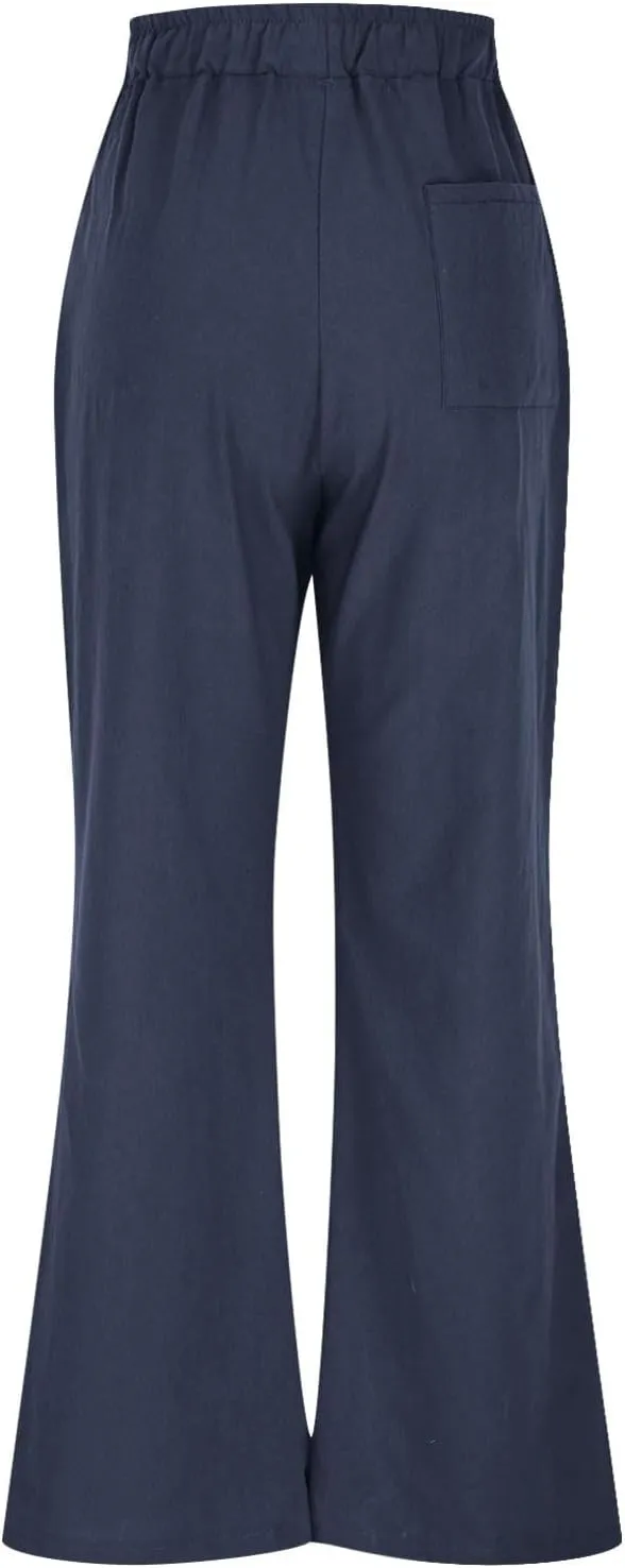 Casual Loose Fit Cotton Linen Pants for Women Wide Leg Lounge Trousers with Pockets Baggy Boho Palazzo Pant