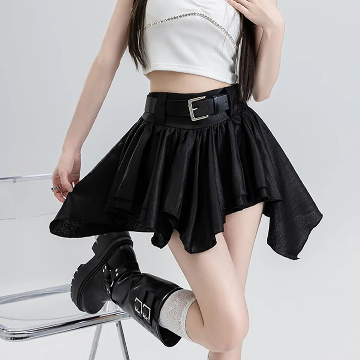 Casual Women's Mini Skirt Fashion Y2K High Waist A Line Irregular Pleated Hem Flowy Skirt with Lining