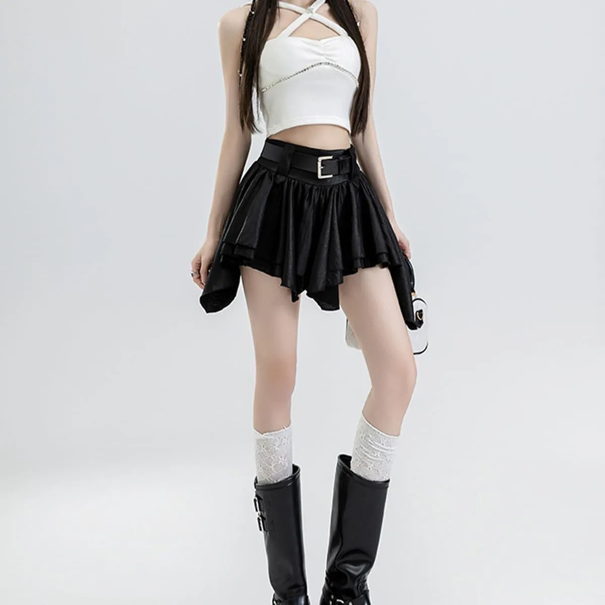 Casual Women's Mini Skirt Fashion Y2K High Waist A Line Irregular Pleated Hem Flowy Skirt with Lining