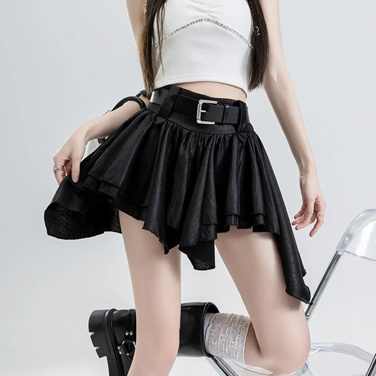 Casual Women's Mini Skirt Fashion Y2K High Waist A Line Irregular Pleated Hem Flowy Skirt with Lining