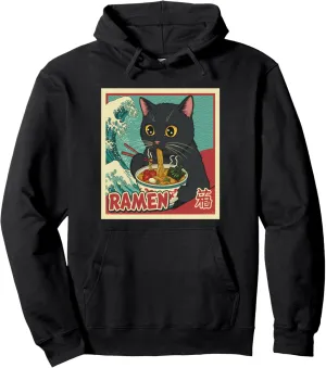 Cat Ramen Japanese Funny Graphic Tees Kawaii Cat Anime Pullover Hoodie