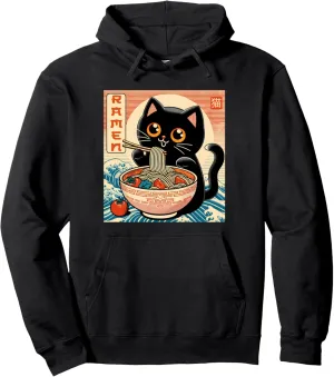 Cat Ramen Japanese Funny Graphic Tees Kawaii Cat Anime Pullover Hoodie