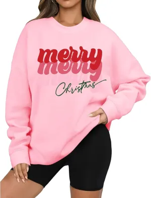 Christmas Sweatshirts for Women Oversized Fashion Graphic Merry Letter Shirt Long Sleeve Crewneck Pullover Xmas Tops
