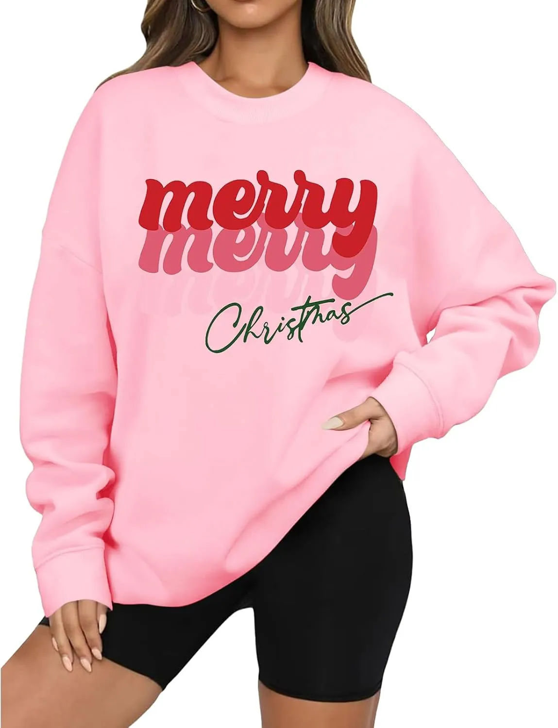 Christmas Sweatshirts for Women Oversized Fashion Graphic Merry Letter Shirt Long Sleeve Crewneck Pullover Xmas Tops
