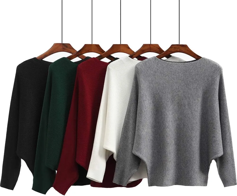 Ckikiou Womens Lightweight Oversized Boat Neck Sweaters Tops Dolman Batwing Sleeve Ribbed Knitted Pullovers
