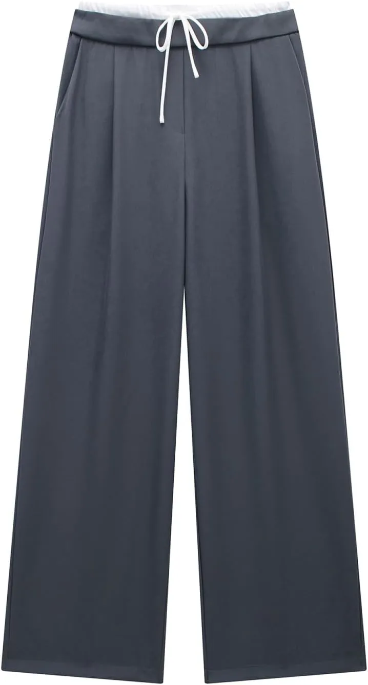 CORIRESHA Women's Casual Contrast Drawstring Waist Straight Leg Pants Basic Trousers