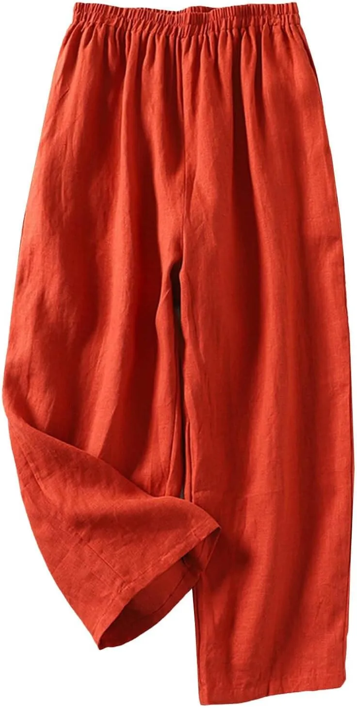 Cotton Leggings for Women Pants Fashion Drawstring Elastic Trousers Comfy Straight Leg Long Pants with Pockets Loose