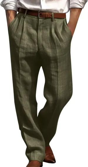 Cotton Linen Pants for Men Pleated Front Trouser Straight Leg Suit Trousers Solid Color Office Trouser Lightweight Linen Pant, Medium