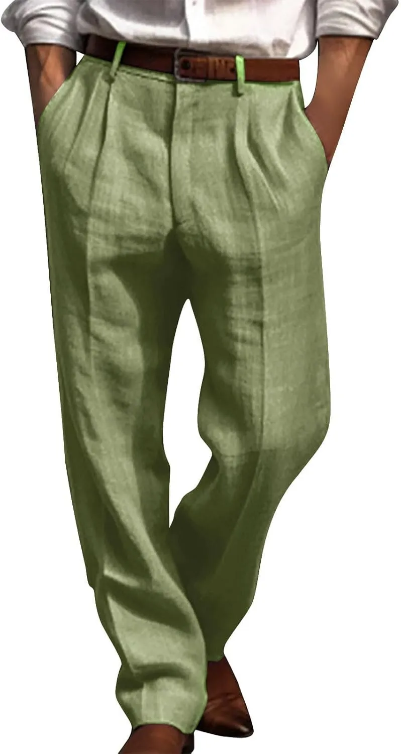 Cotton Linen Pants for Men Pleated Front Trouser Straight Leg Suit Trousers Solid Color Office Trouser Linen Pant