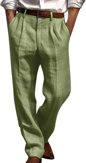 Cotton Linen Pants for Men Pleated Front Trouser Straight Leg Suit Trousers Solid Color Office Trouser Linen Pant